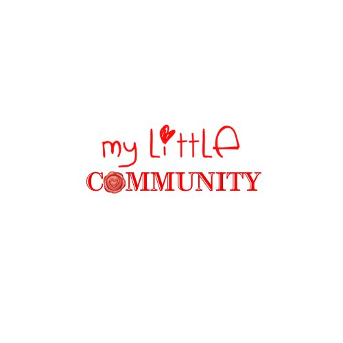 my little community logo red with red heart seal stamp as the o