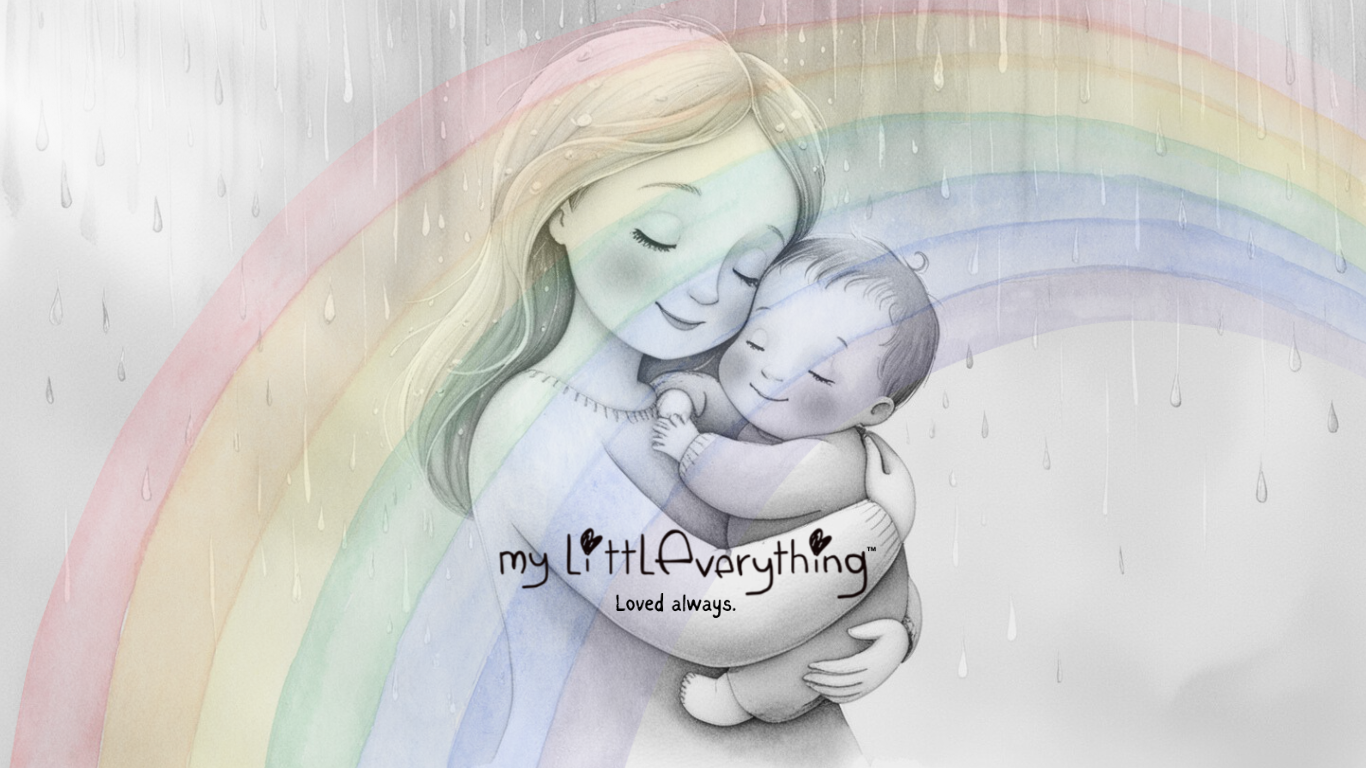 My Little Everything Logo - Mother holding baby in her warm embrace - a pastel rainbow shining through them