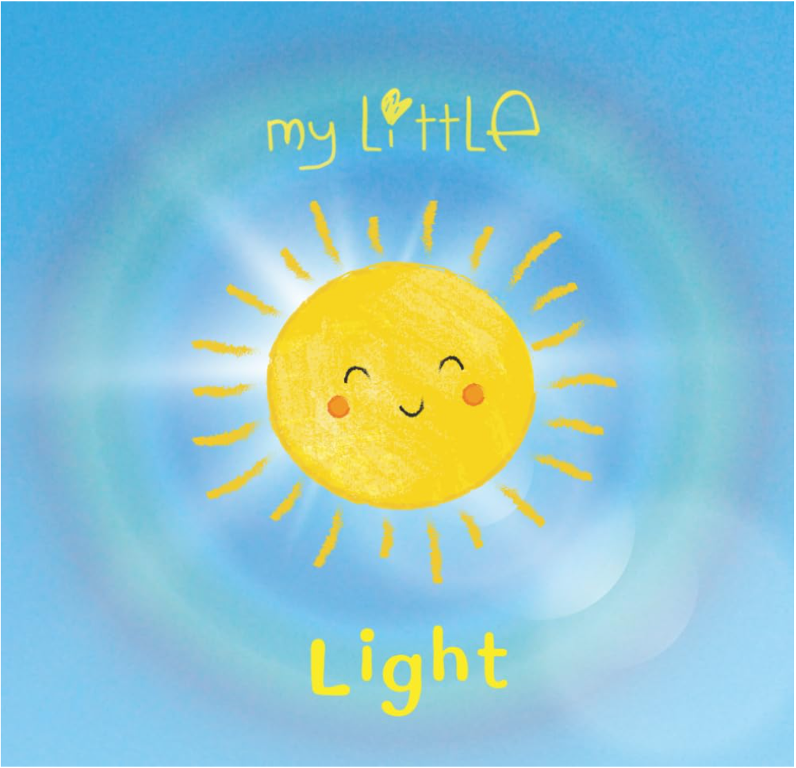Book cover with a smiling sun illustration and 'my little light' text on a blue background