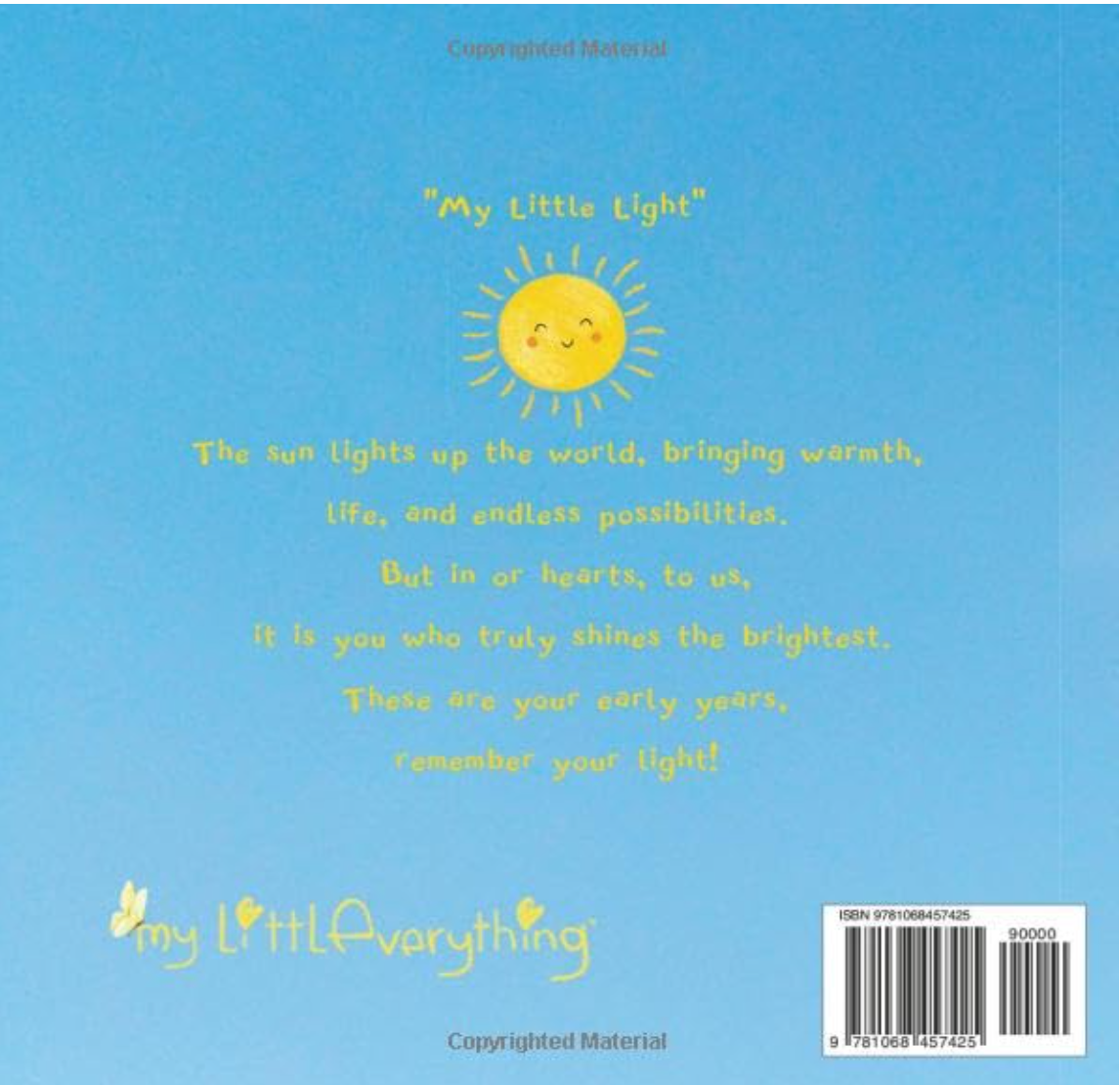 Back cover of a book with a sun illustration and text on a blue background